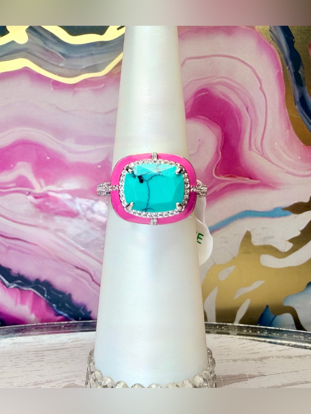 Bomb Party OG Ring- “Sunkissed Sweetheart” Enamel- Rhodium, Size 8 RG16445